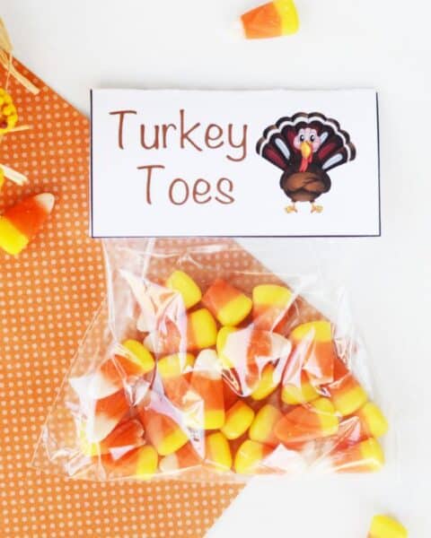 Square Ziploc bag of candy corn with the label "Turkey toes."
