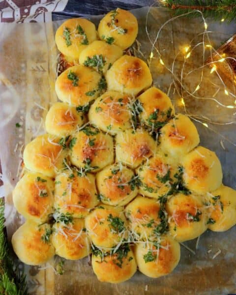 Baked and golden Christmas tree cheese bread.