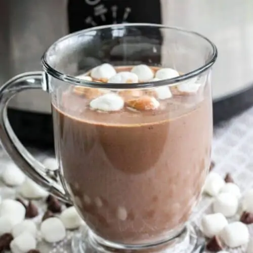 A glass full of hot chocolate with marshmallows.