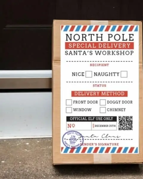 A North Pole special delivery Santa's workshop shipping label is placed on the outside of a box.
