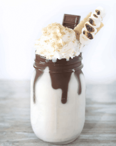 S’mores Dessert Milkshake in a mason jar.
