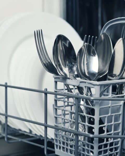 A white plate and silverware in the dishwasher.