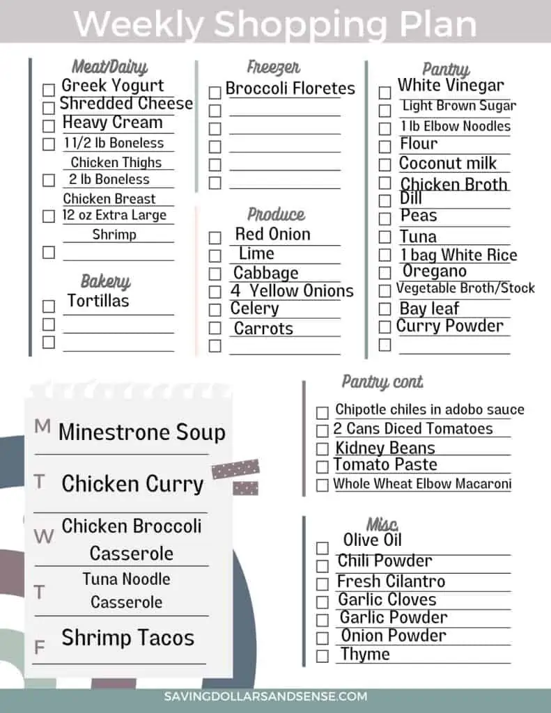 Weekly Meal Plan - Week 2 - Saving Dollars and Sense