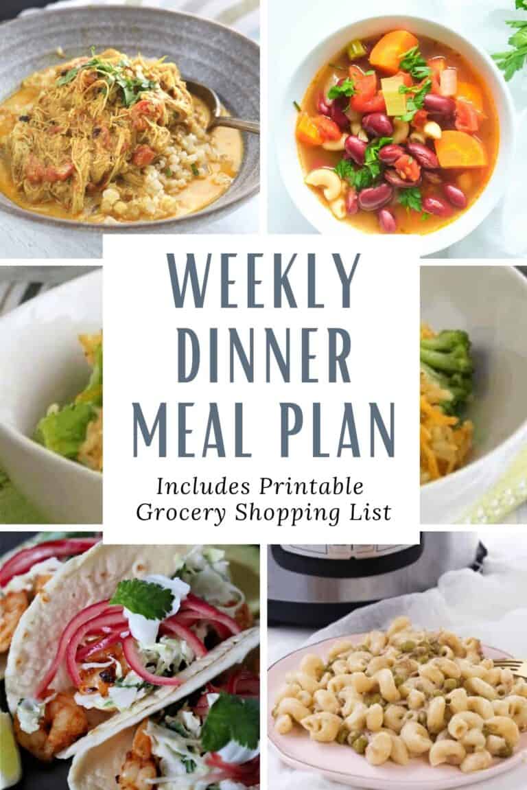 Weekly dinner meal plan with printable grocery shopping list.