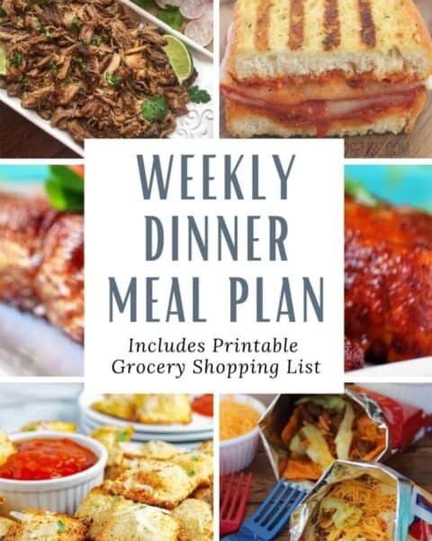 Weekly dinner meal plan with a printable grocery list.