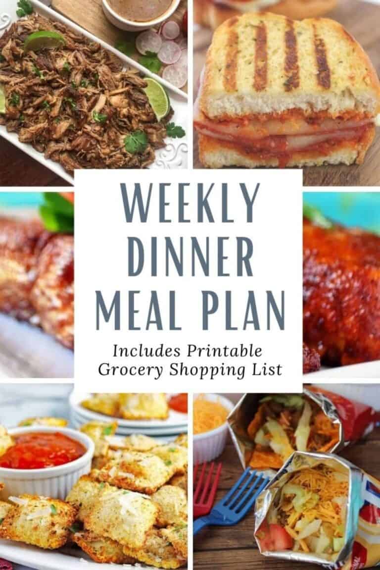 Weekly dinner meal plan with a printable grocery list.