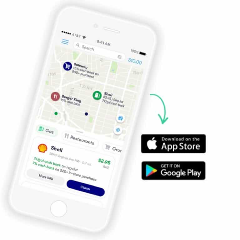 A white smartphone with the GetUpSide app to save money on gas.