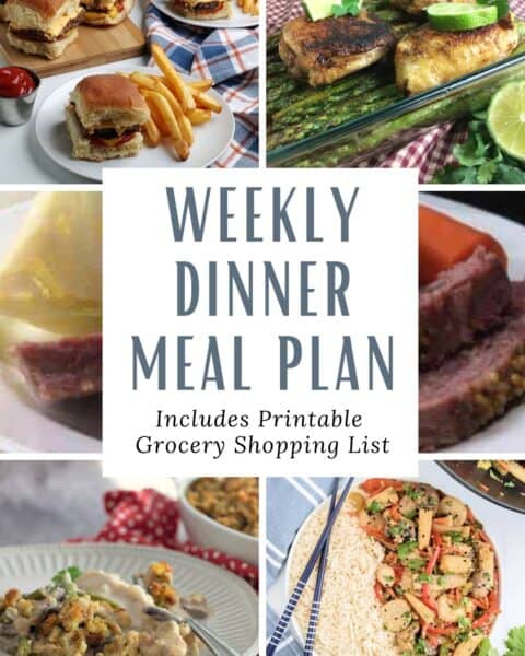 Weekly dinner meal plan with printable shopping list.