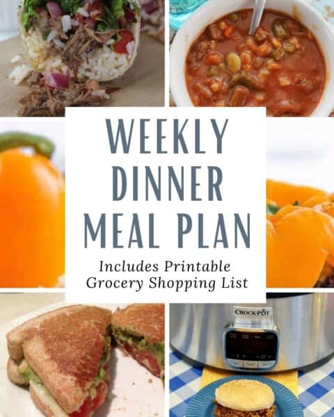 Weekly dinner meal plan with a printable grocery shopping list.