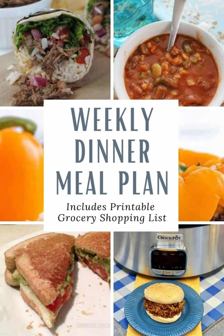 Weekly dinner meal plan with a printable grocery shopping list.