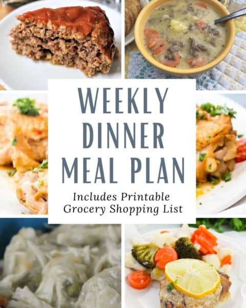 Weekly dinner meal plan including a printable grocery shopping list.