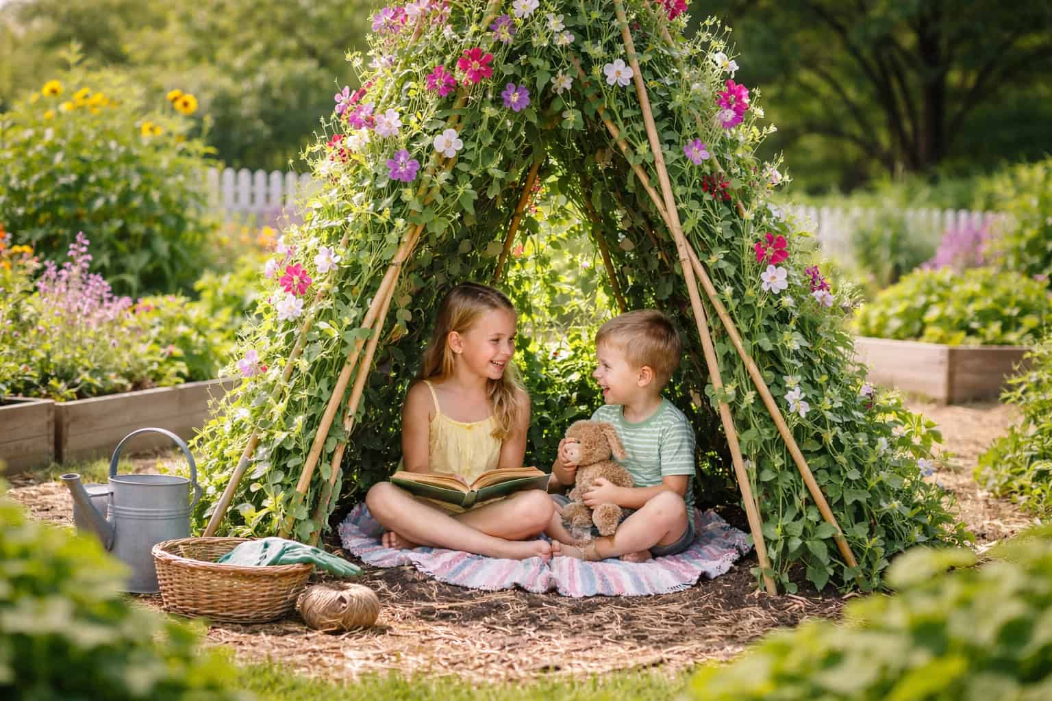 Two children sit on a blanket inside a garden teepee made of flowers and vines in their kids garden; one reads a book while the other holds stuffed animals, with gardening supplies nearby.
