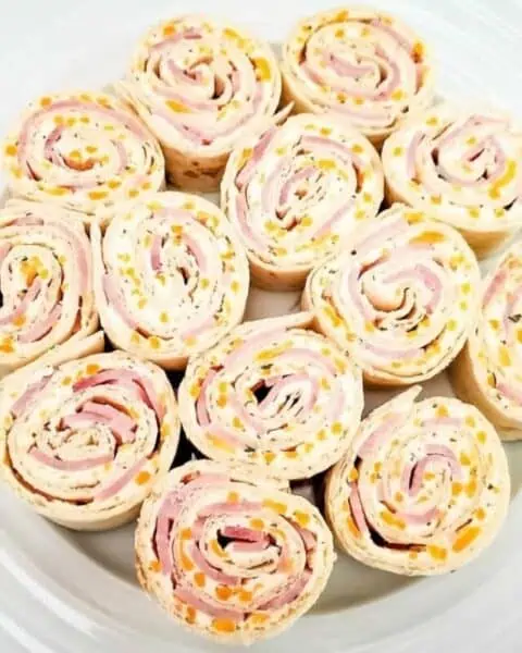 Closeup of ham and cheese pinwheels.