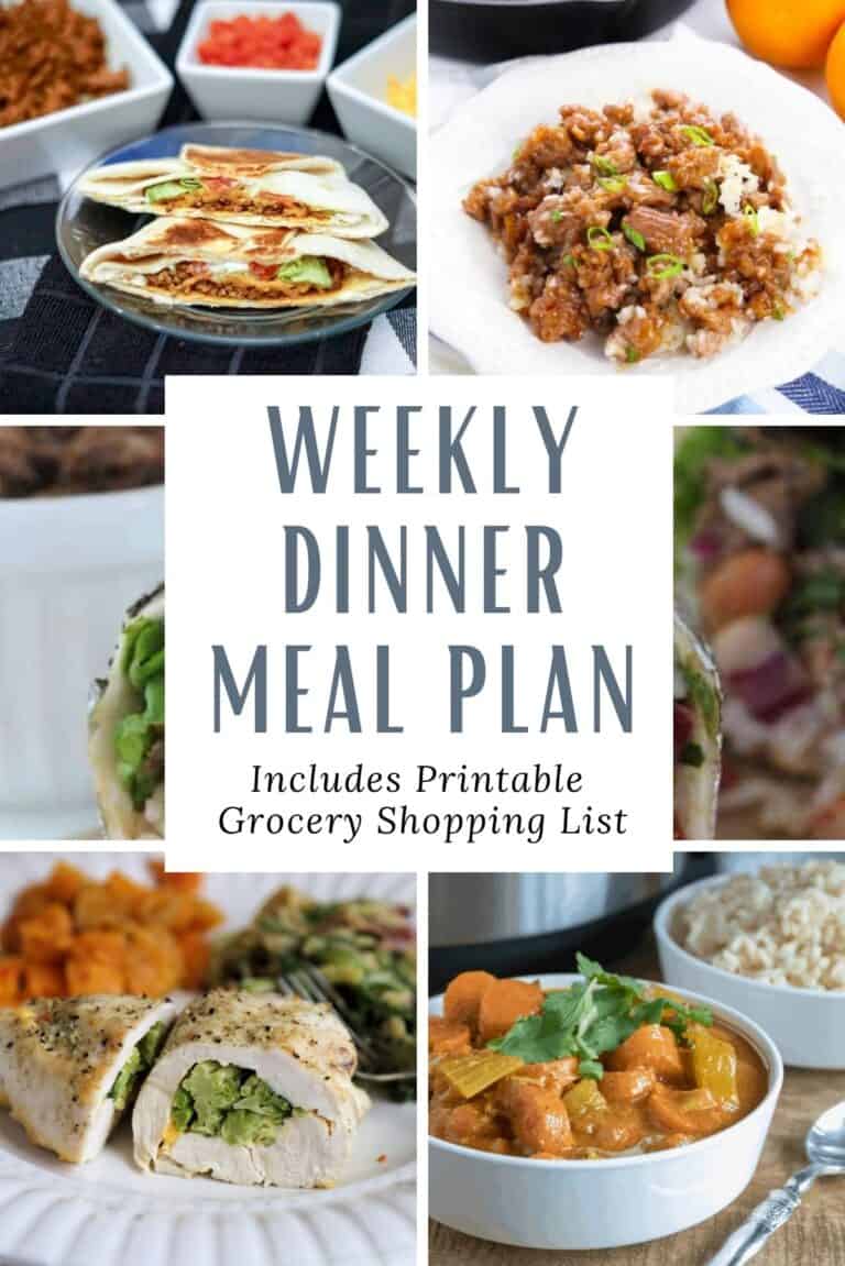 Weekly dinner meal plan including printable grocery shopping list.