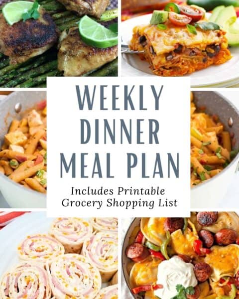 Weekly dinner meal plan including printable grocery shopping list.