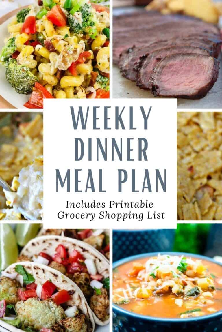 Weekly dinner meal plan with printable grocery shopping list.