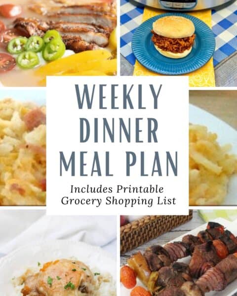 Weekly dinner meal plan with printable grocery shopping list.