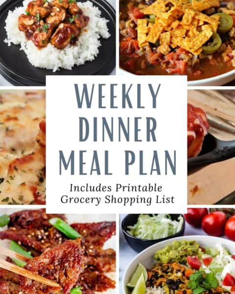 A collection of weekly dinner meal plans including a printable grocery shopping list.