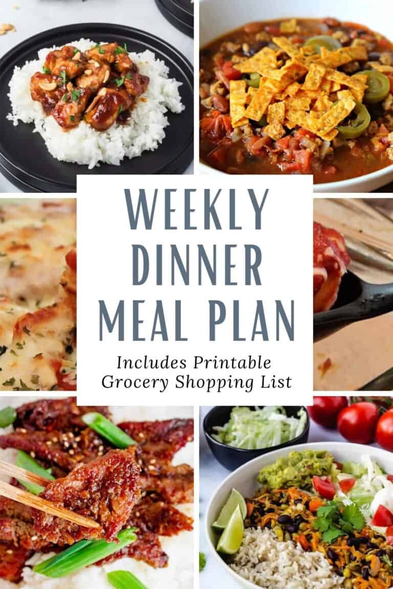 A collection of weekly dinner meal plans including a printable grocery shopping list.
