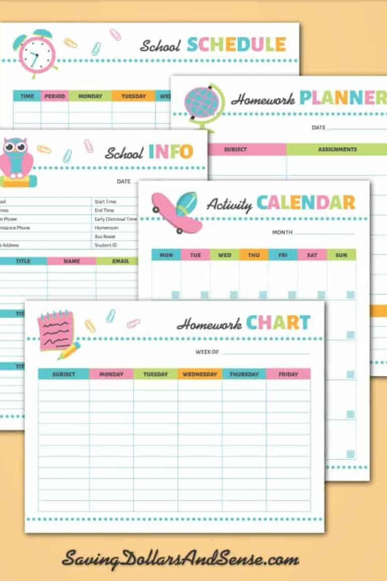 School planner printable including homework chart, activity calendar, homework planner, school info, and more printable pages.