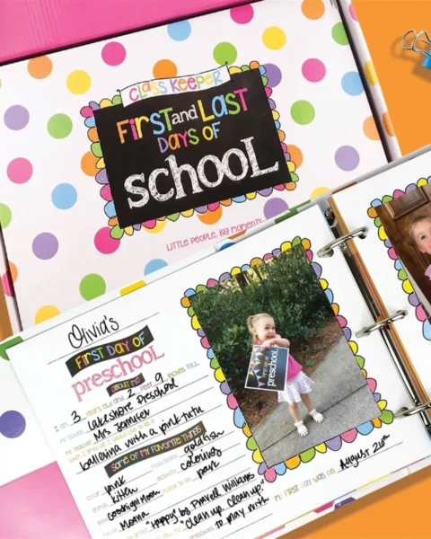 First Day of school pages with little girls pictures and information about them.