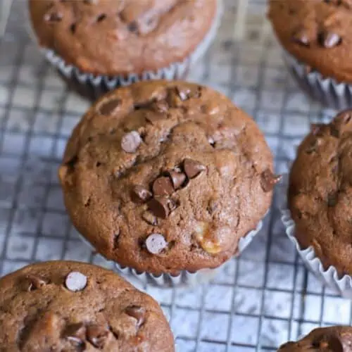 Baked double chocolate chip banana muffins.