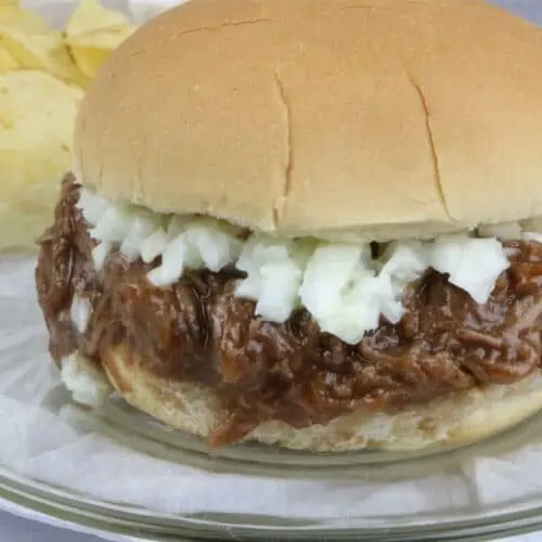 Closeup of pulled venison sandwich.