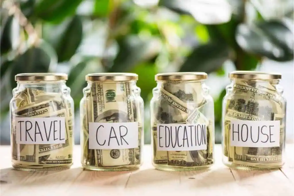 Four glass jars labeled Travel, Car, Education, and House, filled with U.S. dollar bills, are carefully placed on a wooden surface with green leaves in the background. This scene illustrates the Budget Method to help you choose the right financial priorities.