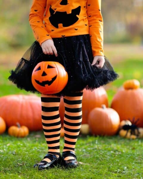 A little girl dressed as a pumpkin with stripped tights, black tutu, and an orange pumpkin face shirt. She is holding a plastic pumpkin head and several pumpkins from the garden are behind her.