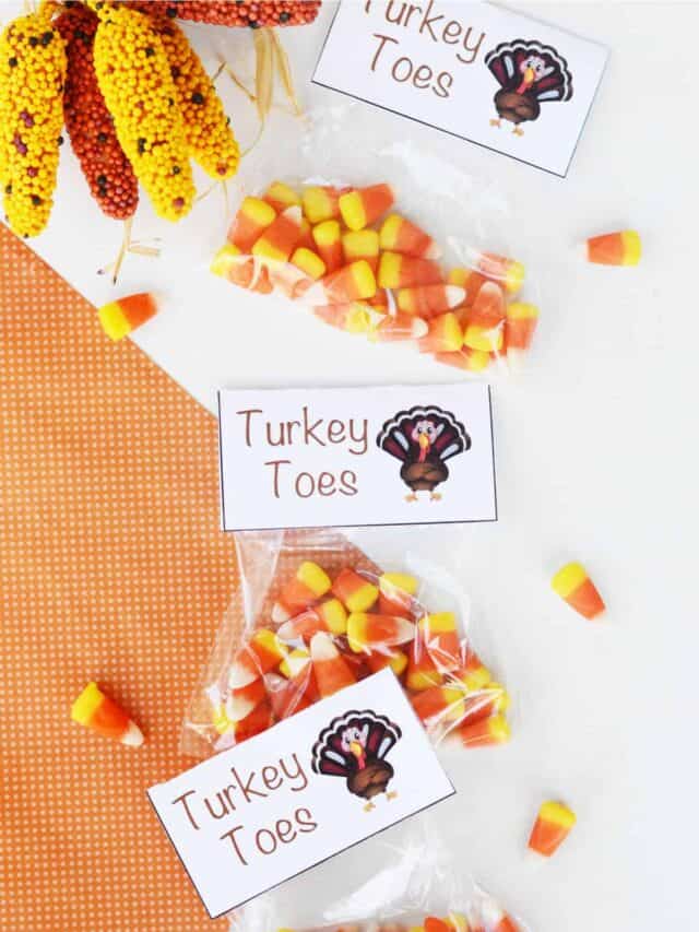 Small bags of candy corn with labels that read "Turkey toes."