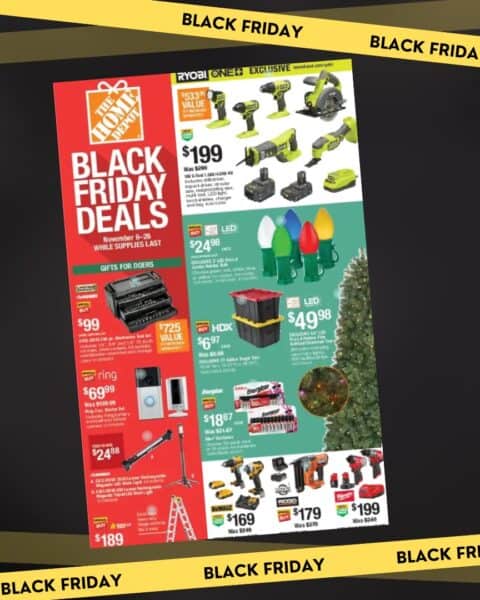 Home Depot Black Friday Sales flyer featuring deals on power tools, smart home devices, holiday lights, a Christmas tree, and other hardware items, bordered in black and yellow "Black Friday" style.