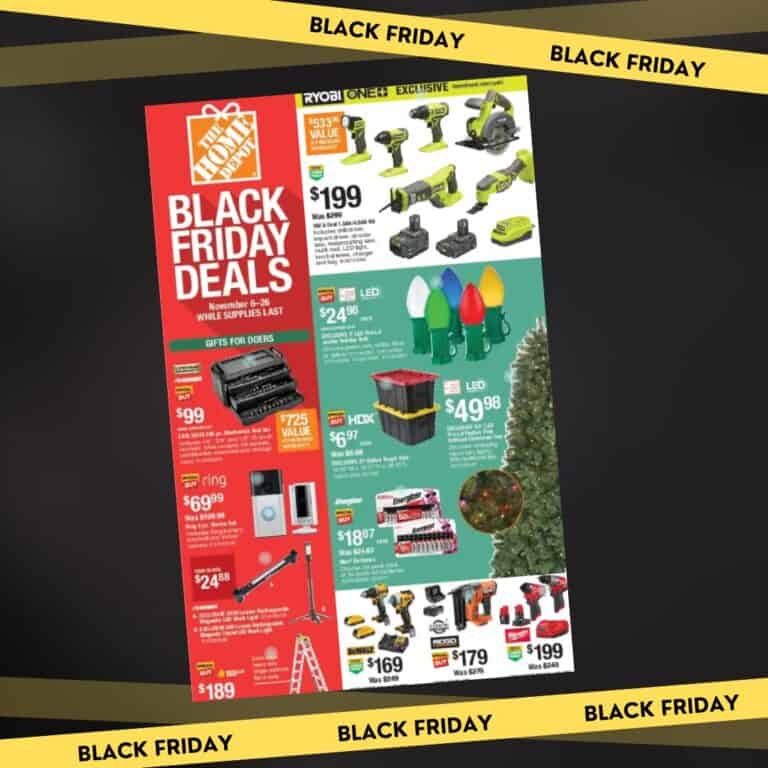 Home Depot Black Friday Sales flyer featuring deals on power tools, smart home devices, holiday lights, a Christmas tree, and other hardware items, bordered in black and yellow "Black Friday" style.