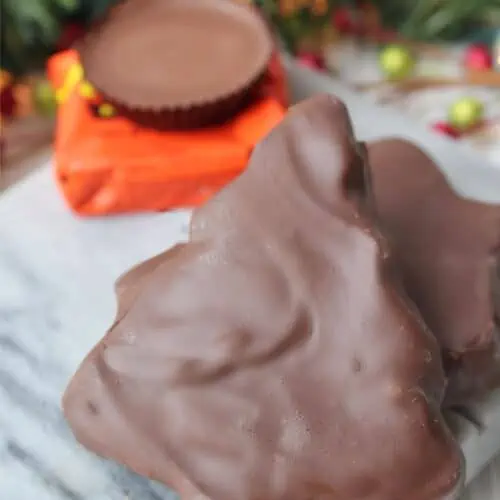 Close up of chocolate Christmas tree Reese's copycat chocolate treat.