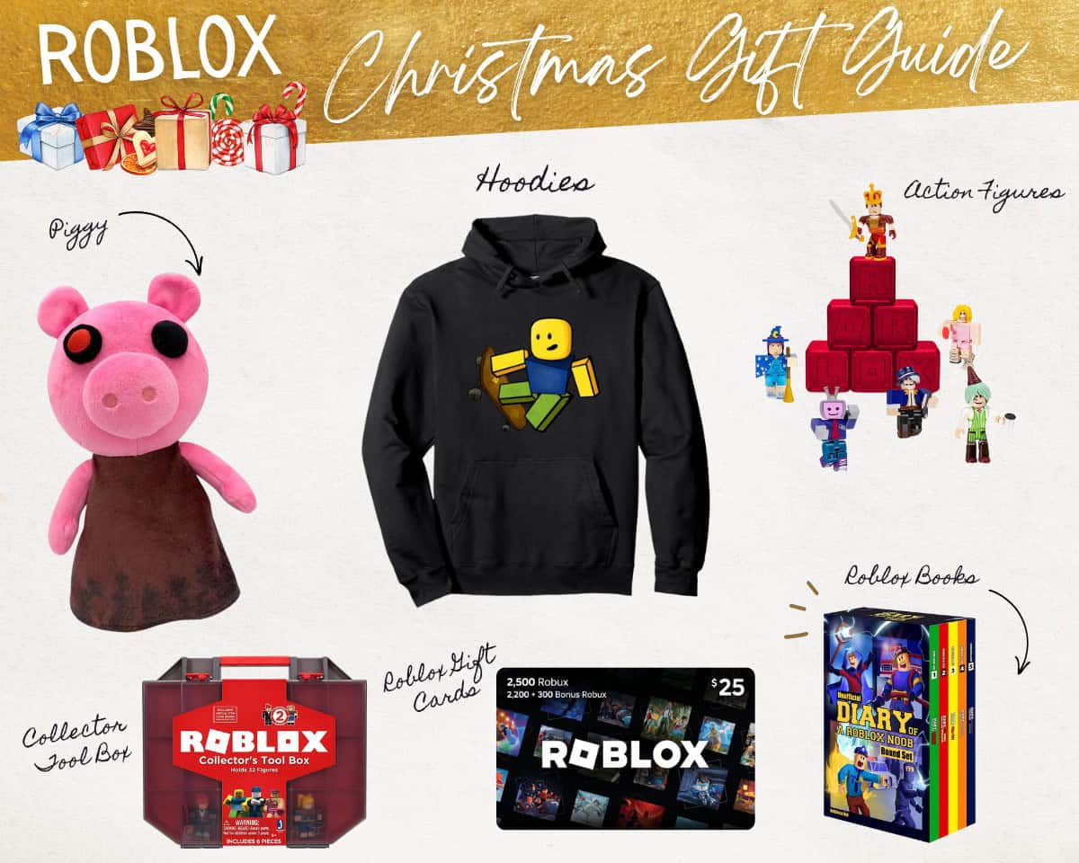Explore top Roblox Gift Ideas with this Christmas gift guide, featuring a Piggy plush toy, black hoodie, action figures, collector tool box, Roblox gift card, and a set of colorful collector books.
