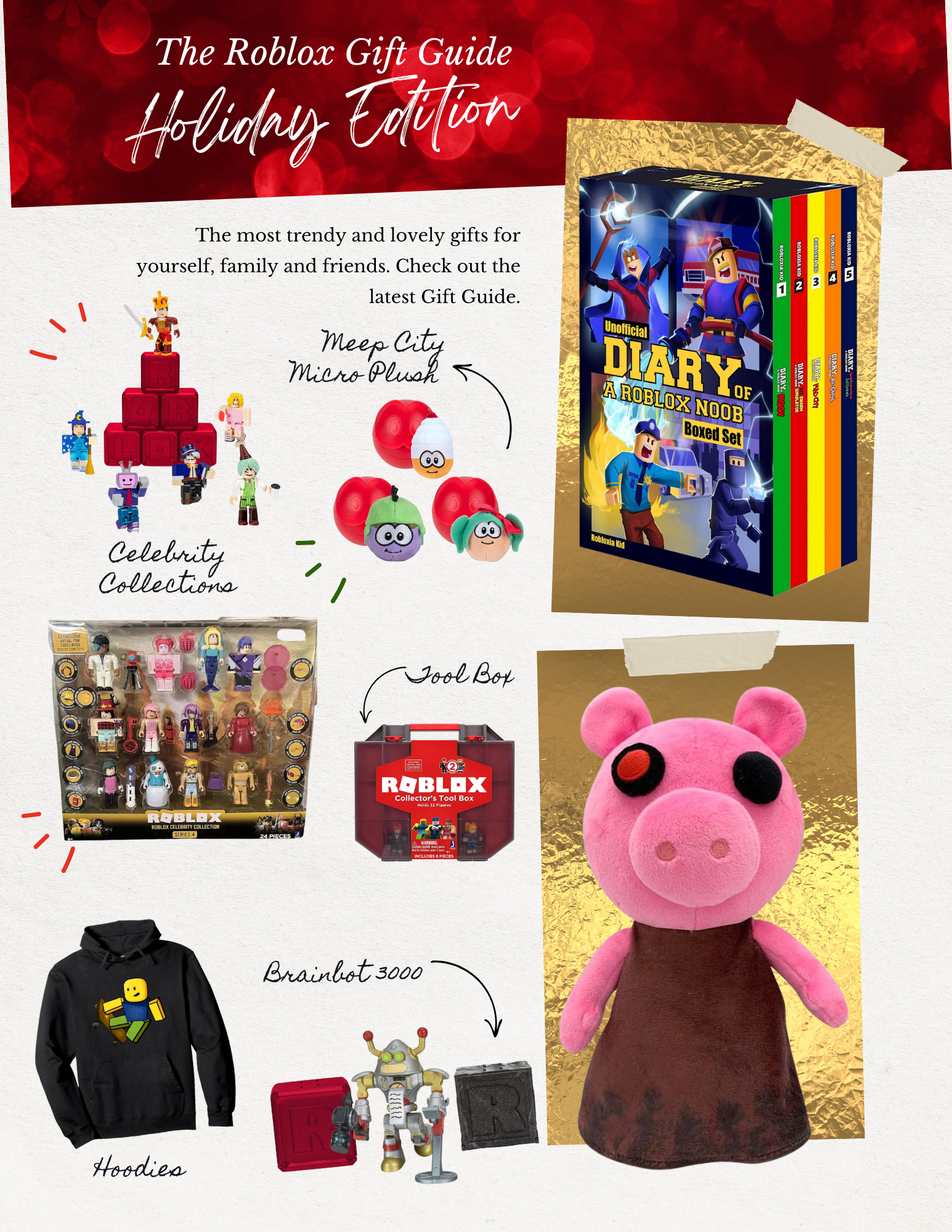 Collage of Roblox-themed holiday gifts—including toys, a book box set, hoodies, a toolbox, and a BrainBot 3000 plush—surrounded by festive text for the ultimate Roblox Gift Ideas guide.