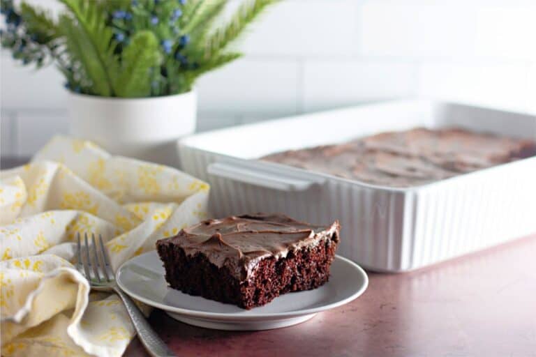 A mouthwatering chocolate cake, prepared with the crazy cake recipe, served on a plate with a fork.