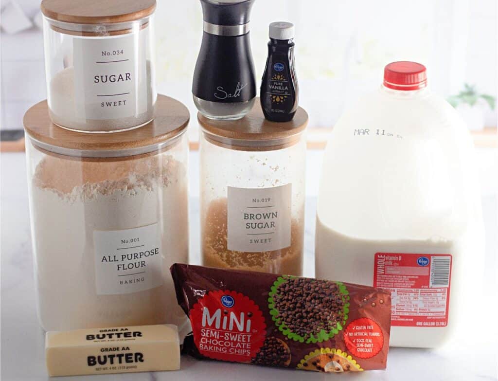 Edible jars of chocolate chip cookie dough ingredients.