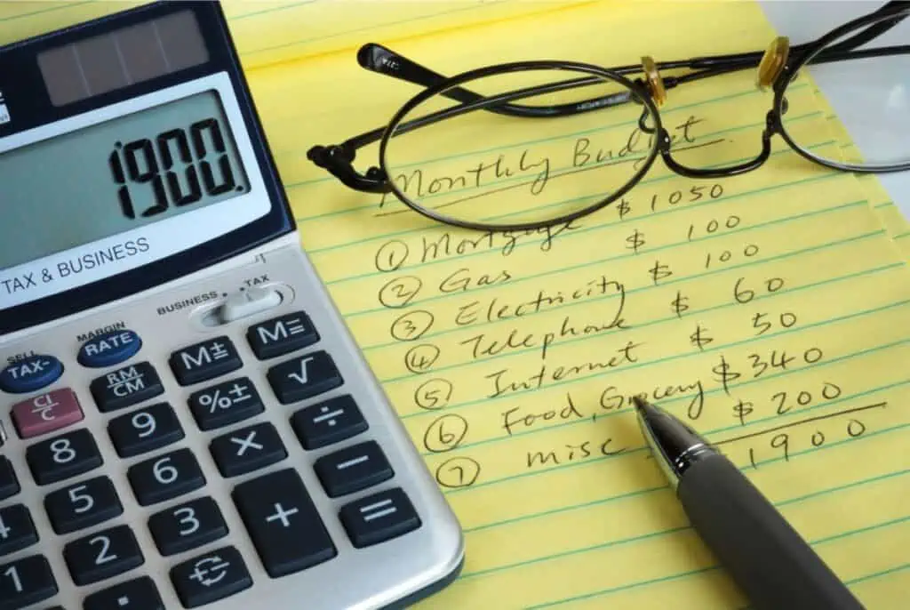 A cost-cutting calculator equipped with glasses and a pen on a piece of paper.