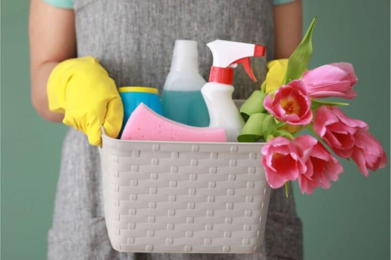 A woman holding a basket of cleaning supplies.