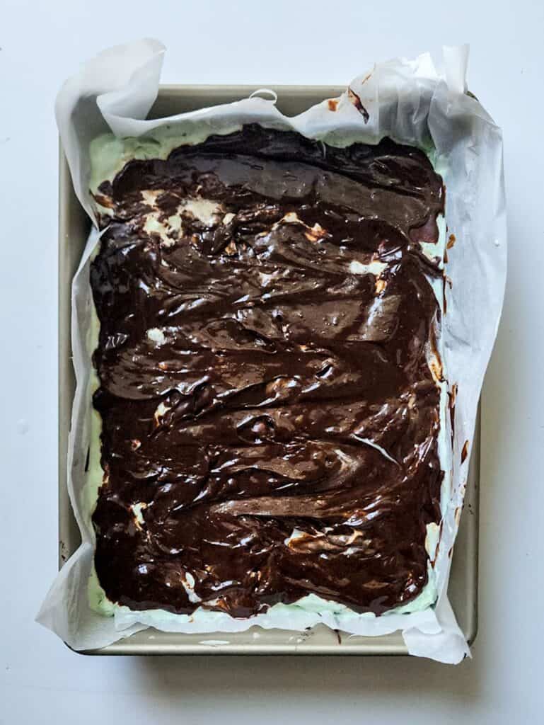 A pan of mint chocolate chip brownies.