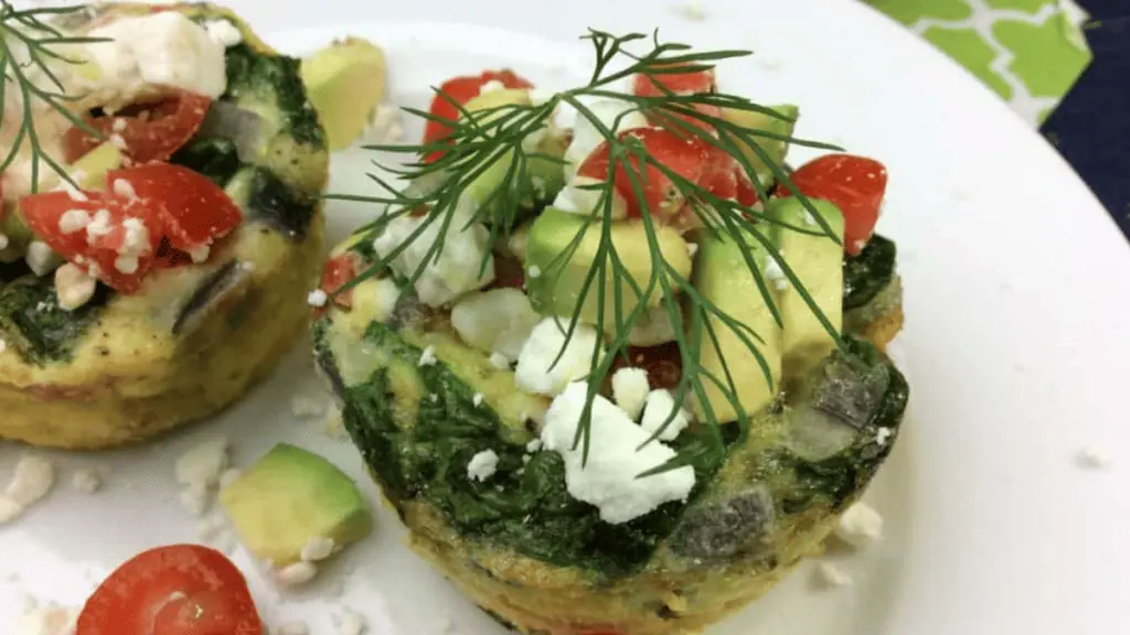 A plate of egg muffins with tomatoes and avocado.