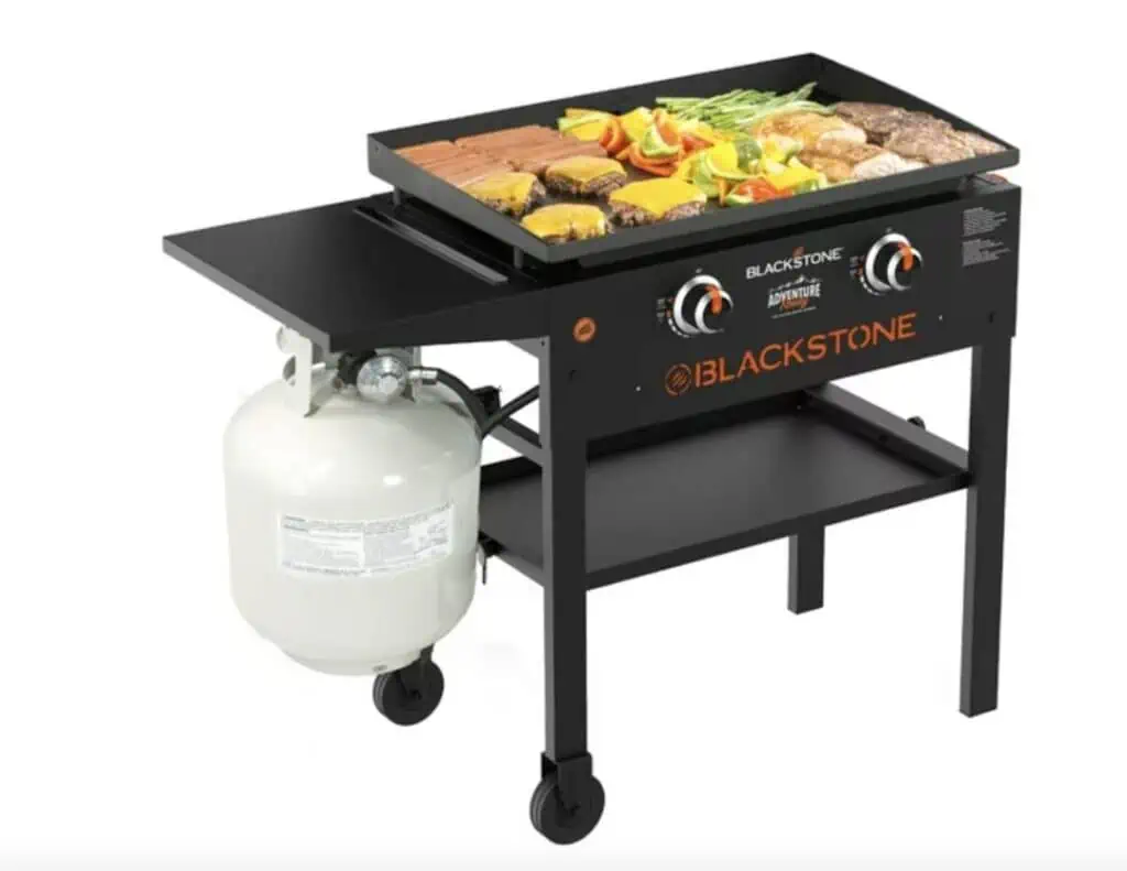 A blackstone bbq grill on wheels with food on it, available for October 10th Deals.