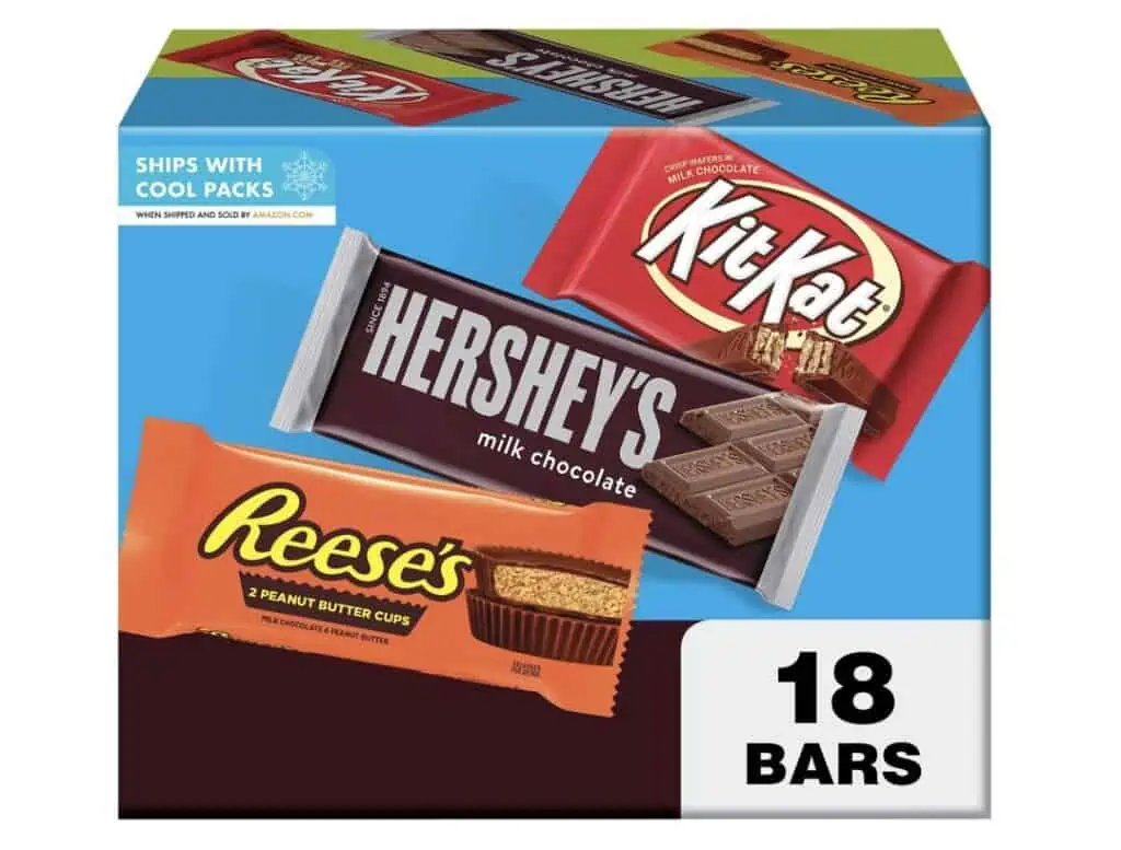 A box of Hershey's chocolate bars with October 14th Deals.