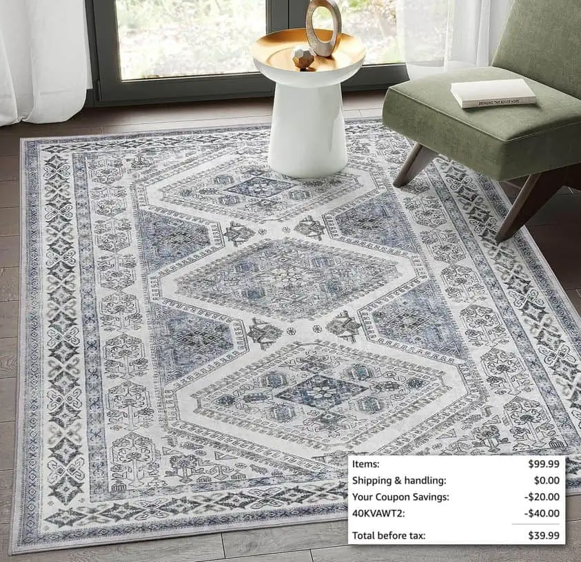 A blue and white area rug available for October 31st Deals.
