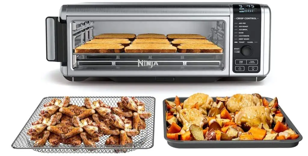October 31st Deals on a toaster oven with a tray full of food.