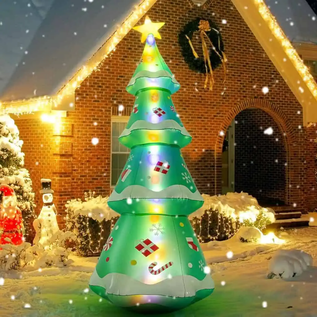 Inflatable Christmas tree showcased in front of a house during October 27th deals.