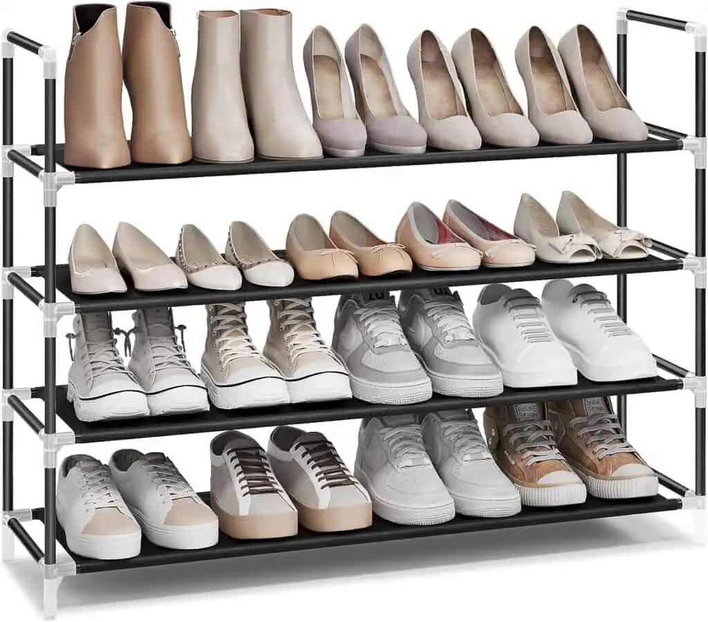 A shoe rack with several pairs of shoes on it, available for October 12th Deals.