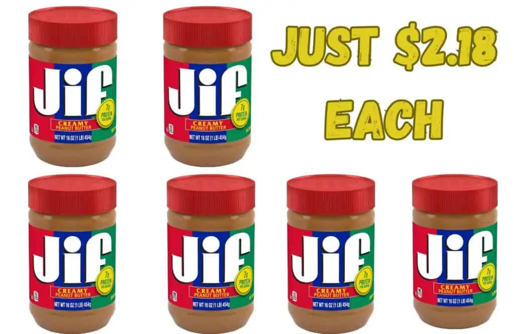 Six jars of Jiff peanut butter with the word "Jiff" on them, available for October 27th Deals.