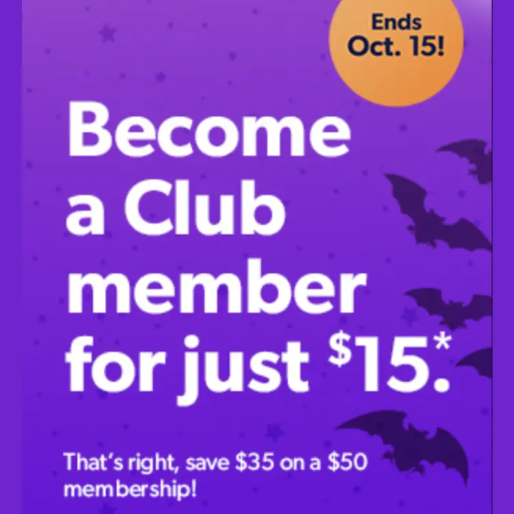 A purple banner that says become a club member for just $15 with October 11th Deals.
