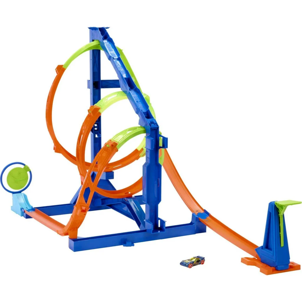 A hot wheels track set with orange and blue cars available at October 10th Deals.